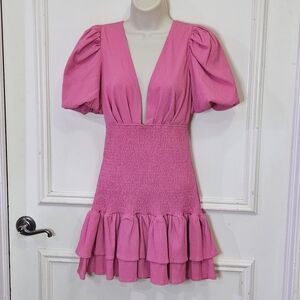 Lena From Love Okie Pink Date Night Smocked Ruffle Hem Dress,Medium,NWT
